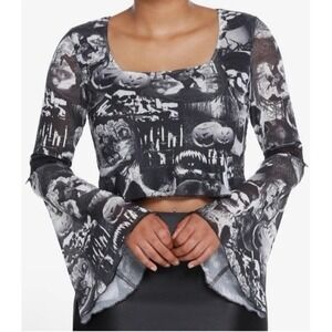 Social‎ Collision Cropped Top Small Sleepy Hollow Halloween Bell Sleeve Gothic